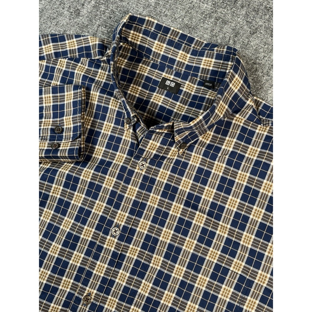 Uniqlo Plaid Shirt‎ Men Large Long Sleeve Blue Green Button Up Cotton